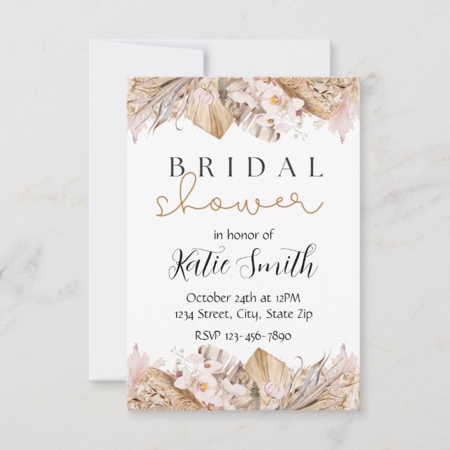 Invitación de boda de hierba de Pampas bohemio | R (Anverso)