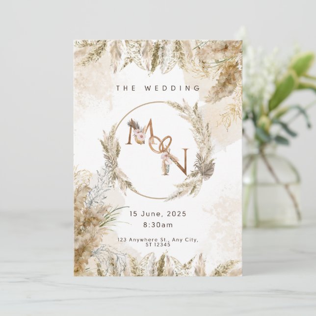 Invitación de boda de hierba de Pampas Boho (Anverso de pie)