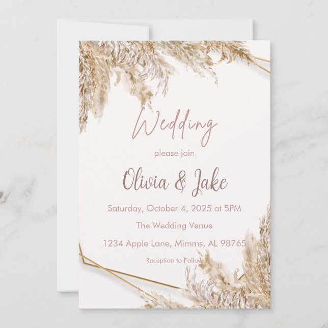 Invitación de boda de hierba de Pampas Boho — beig (Anverso)