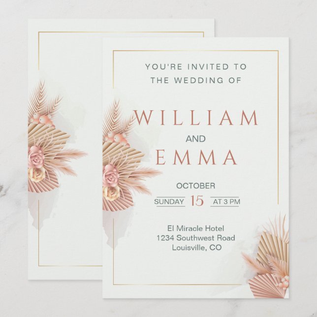 Invitación de boda de hierba de Pampas Boho modern (Anverso / Reverso)
