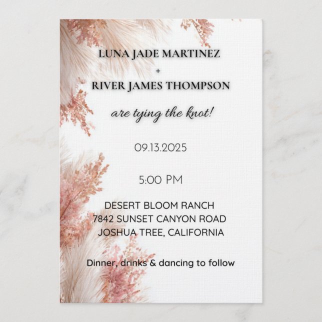 Invitación de boda de hierba de Pampas rosa polvor (Anverso)