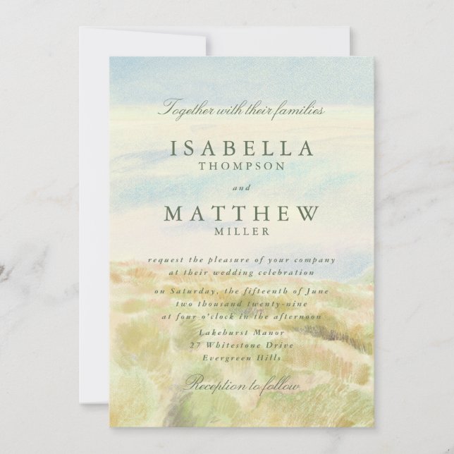 Invitación de boda de hierba dorada a la acuarela (Anverso)