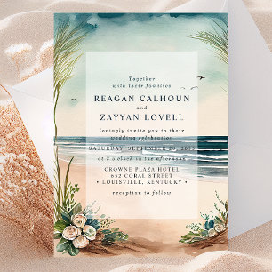 Invitación de boda de hierba y rosas de playa del 