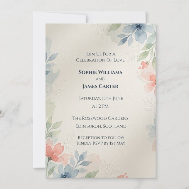 Invitación de boda de hoja beige azul (Anverso)
