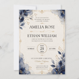 Invitación de boda de hoja de acuarela azul real