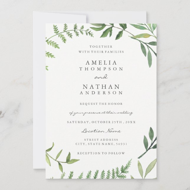 Invitación de boda de hoja de acuarela verde (Anverso)