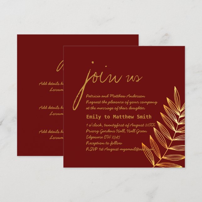 Invitación de Boda de Hoja de Cobre de Borgoña Mod (Anverso / Reverso)