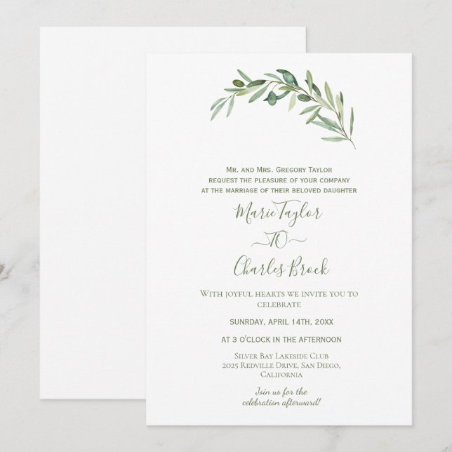 Invitación de boda de hoja de olivo (Anverso / Reverso)