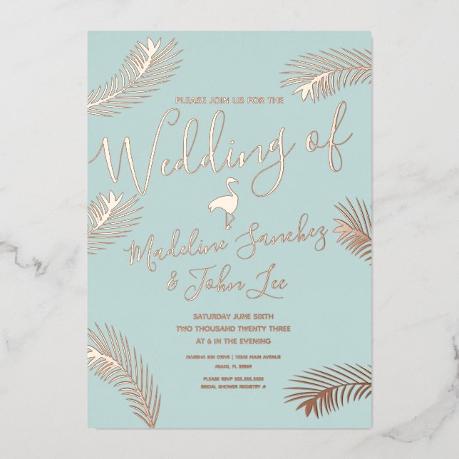 Invitación de boda de hoja de palma de flamenco co (Anverso)