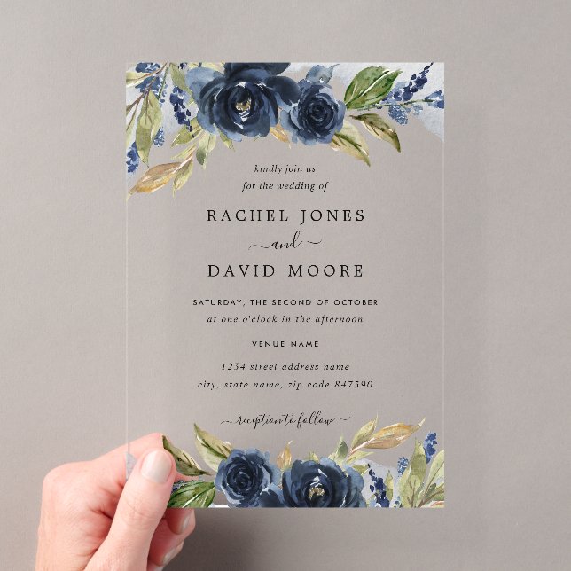 Invitación de boda de hoja floral de la marina de  (Insitu (portátil))