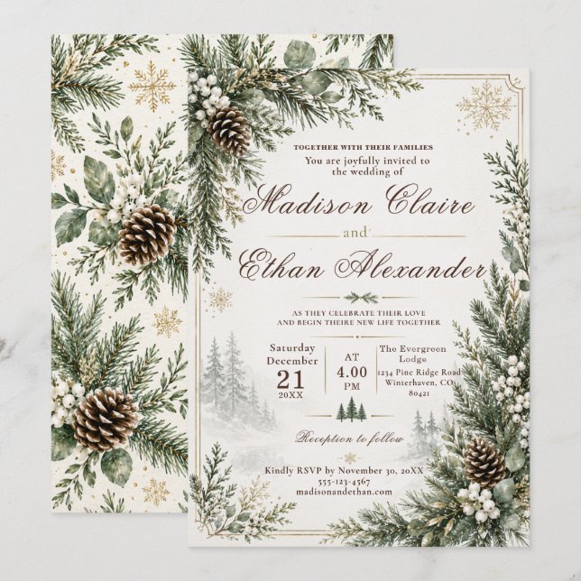 Invitación de boda de hoja perenne de invierno (Anverso / Reverso)