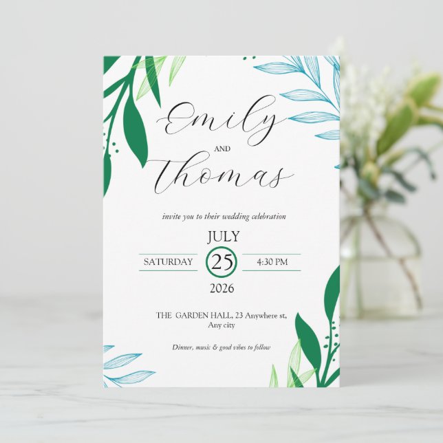 Invitación de boda de hoja verde botánica moderna (Anverso de pie)
