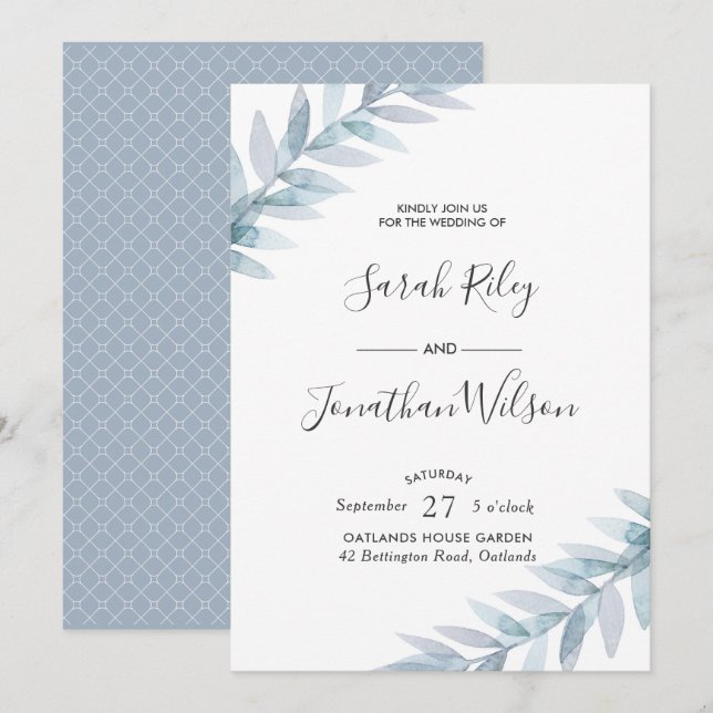 Invitación de boda de hojas azules (Anverso / Reverso)