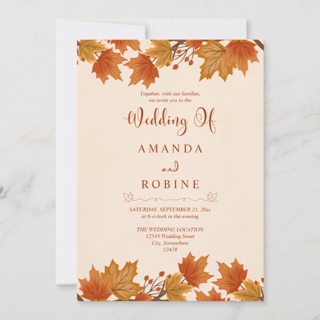 Invitación de boda de hojas de arce de otoño elega (Anverso)