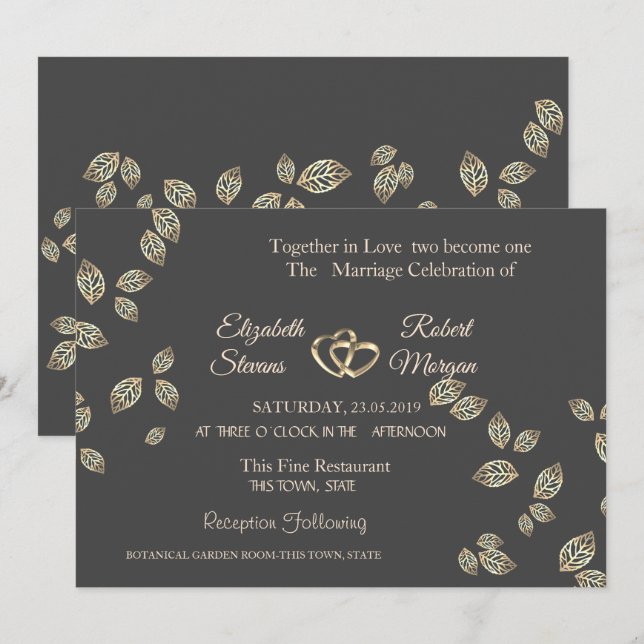 Invitación de boda de hojas de oro elegante chic (Anverso / Reverso)