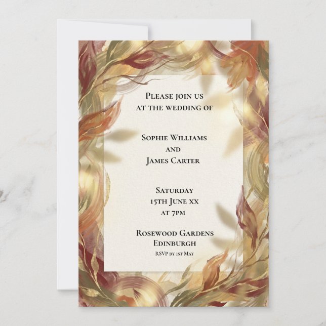 Invitación de boda de hojas de otoño de Borgoña (Anverso)