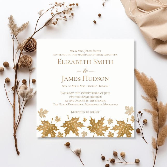 Invitación de boda de hojas de otoño de oro elegan (Subido por el creador)