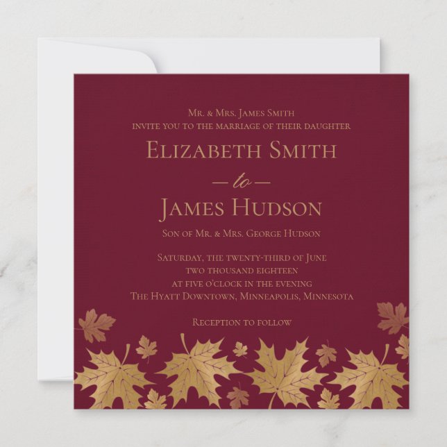Invitación de boda de hojas de otoño doradas y bor (Anverso)