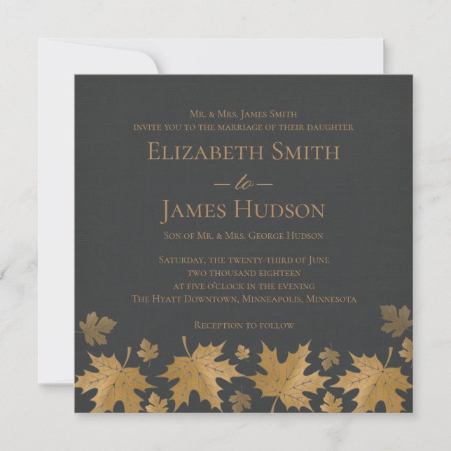 Invitación de boda de hojas de otoño doradas y gri (Anverso)