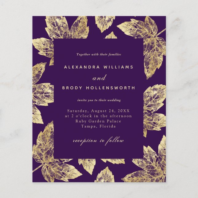 Invitación de boda de hojas de otoño moradas y dor (Anverso)