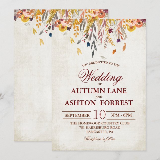 Invitación de boda de hojas de otoño rústicas (Anverso / Reverso)