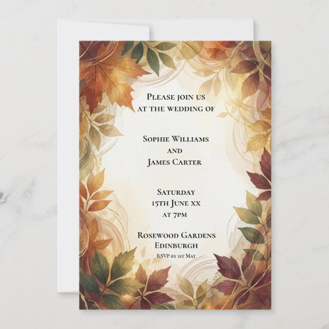 Invitación de boda de hojas de otoño rústico (Anverso)