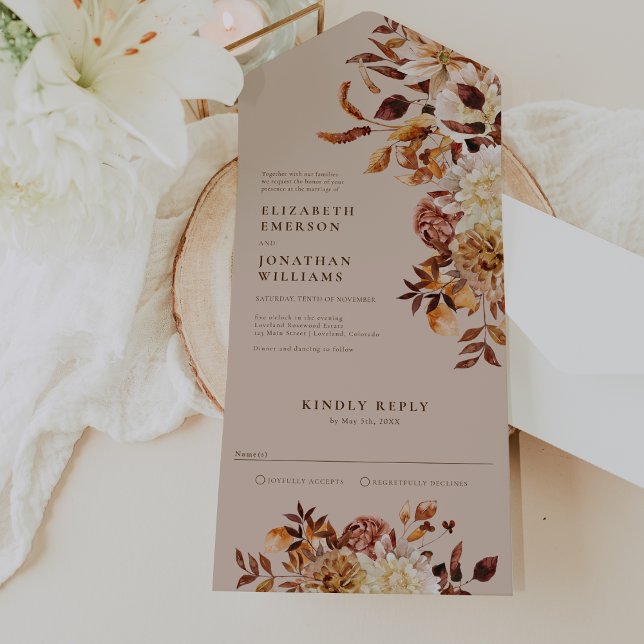 Invitación de Boda de Hojas de Otoño Todo en Uno (Elegant Fall Leaves Wedding All In One Invitation by Painted Paperie
)