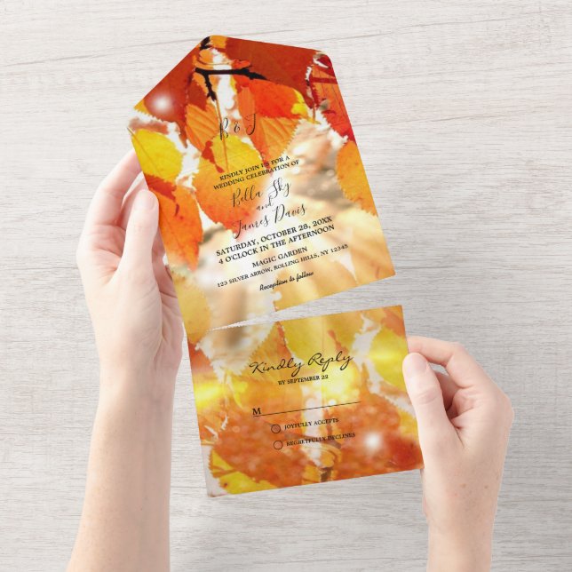 Invitación de boda de hojas de otoño todo en uno (desgarro)