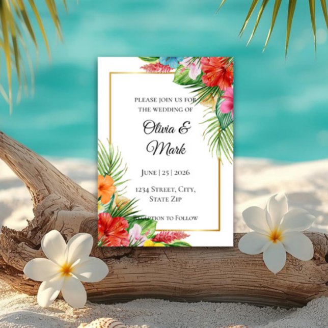 Invitación de Boda de Hojas de Palma Tropical | El (Elegant tropical palm leaf wedding invitation for beach, destination, coastal, and summer weddings.)