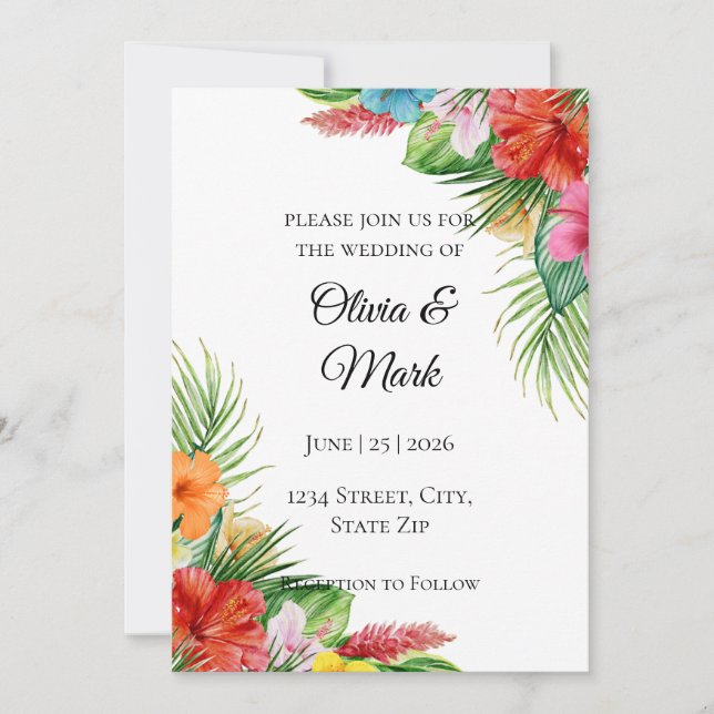 Invitación de boda de hojas de palma tropicales |  (Anverso)