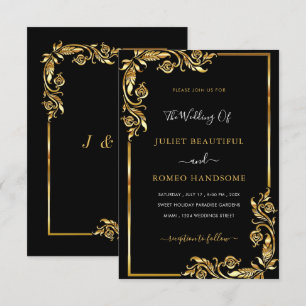 Invitación de boda de hojas doradas enmarcadas en 