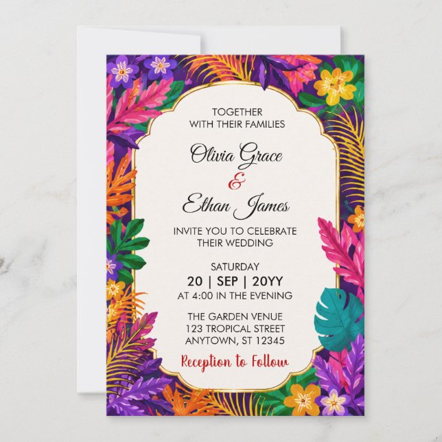 Invitación de Boda de Hojas Tropicales (Anverso)