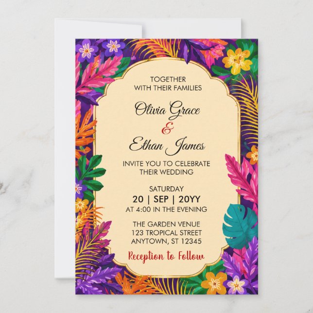 Invitación de boda de hojas tropicales (Anverso)