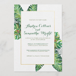 Invitación de boda de hojas tropicales de verano