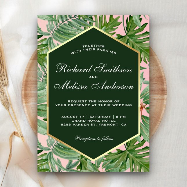 Invitación de boda de hojas verdes tropicales con  (Subido por el creador)