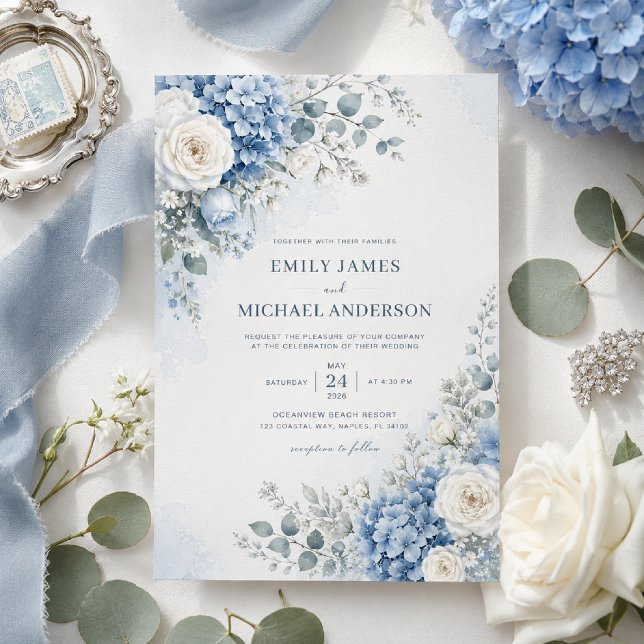 Invitación de boda de Hortensia Azul (Elegant blue hydrangea invitation styled with timeless coastal wedding details.)
