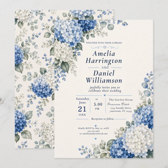 Invitación de boda de Hortensia Azul (Anverso / Reverso)