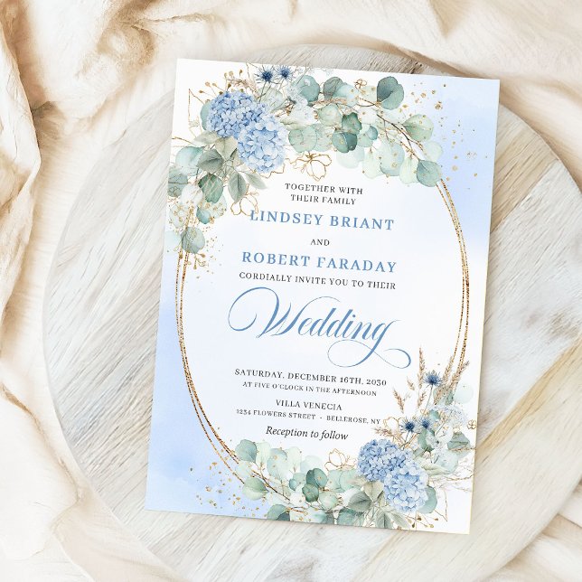 Invitación de boda de hortensias azules botánicas  (Botanical Blue Hydrangea Eucalyptus Wedding Invitation)