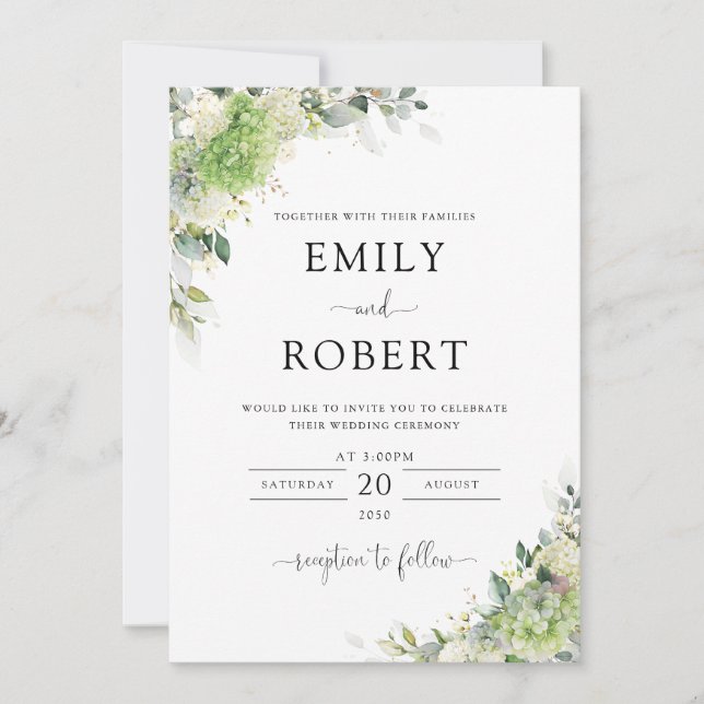 Invitación de Boda de Hortensias Elegantes (Anverso)