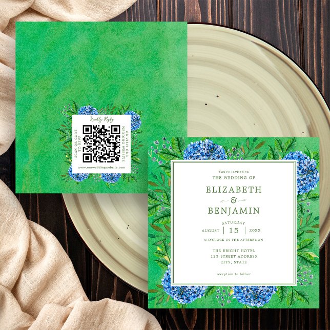 Invitación de Boda de Hortensias Rústicas con Códi (Front / Back)
