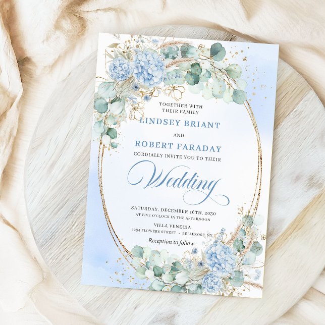 Invitación de boda de hortensias y eucalipto azul  (Timeless Blue Hydrangea Eucalyptus Wedding Invitation)