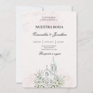 Invitación de boda de iglesia española floral beig