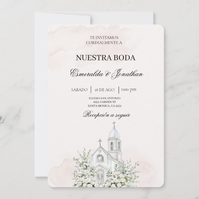 Invitación de boda de iglesia española floral beig (Anverso)