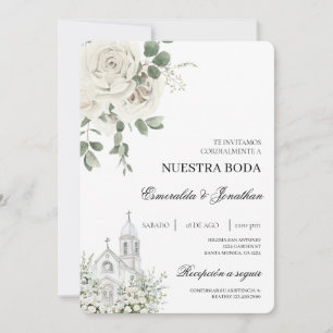 Invitación de boda de iglesia española floral blan