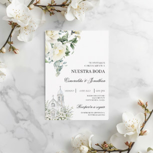 Invitación de boda de iglesia española floral blan
