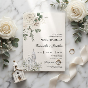 Invitación de boda de iglesia española floral blan