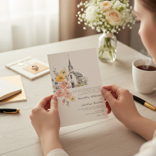 Invitación de boda de iglesia floral acuarela