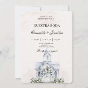 Invitación de boda de iglesia floral beige español