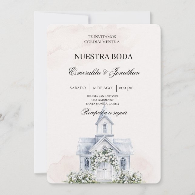 Invitación de boda de iglesia floral beige español (Anverso)