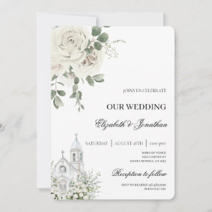 Invitación de boda de iglesia floral blanca